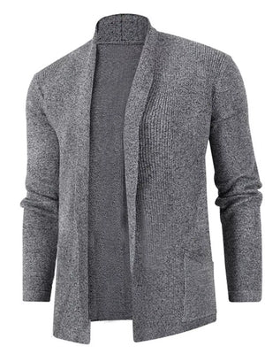 Men's gray open-front knit cardigan with shawl collar and two front pockets.