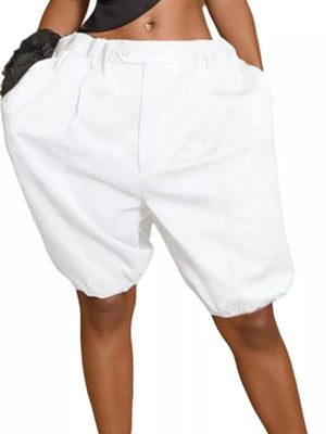 White pleated high-waisted shorts with drawstring and balloon leg detail.