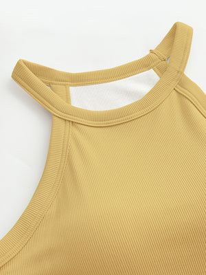 Mustard ribbed halter tank top with built-in bra detail