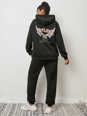Black graphic hoodie and jogger set with butterfly and text print.