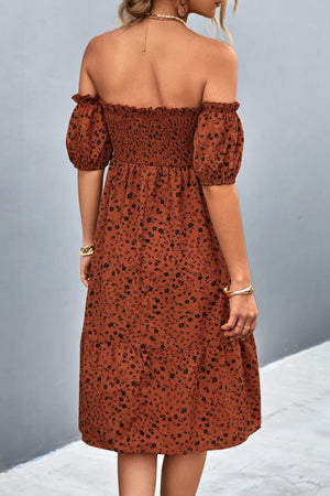 Brown floral midi dress with smocked bodice and off-the-shoulder bubble sleeves