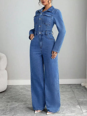 Button Front Long Sleeve Denim Jumpsuit, side view