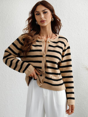 Khaki and black striped knit cardigan with button front and pockets
