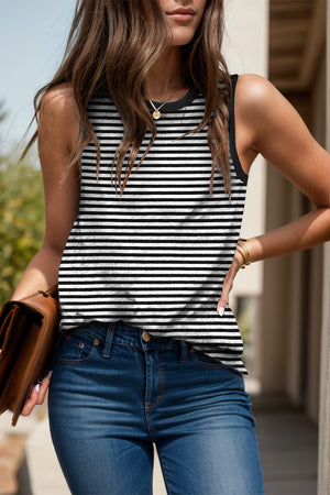 Black and white striped tank top with contrast black trim and crew neck.