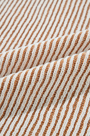 Camel and white striped knit sweater with a textured stitch detail