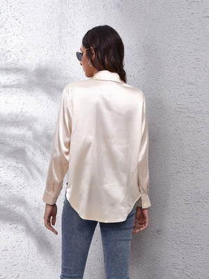 Luxe satin collared button-down shirt in ivory with a relaxed fit.