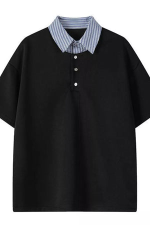Black relaxed fit polo with button placket and blue striped collar.