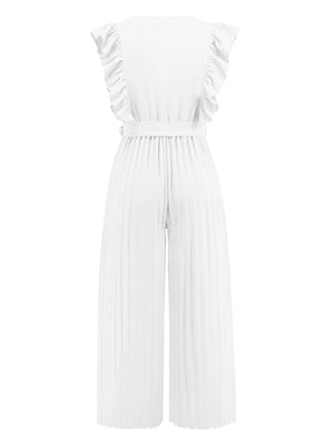 White pleated ruffle wrap jumpsuit with belt