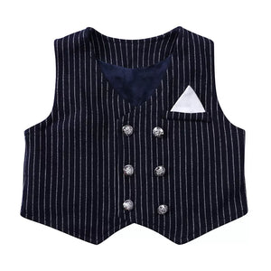 Baby boy navy pinstripe vest with double-breasted buttons and pocket square detail