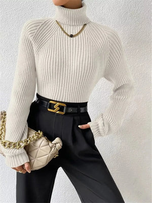 White ribbed turtleneck sweater with long sleeves and a classic fit.
