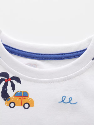 White cotton tee with playful car and palm tree print, blue trim neckline