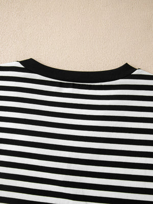 Classic black and white striped cotton V-neck t-shirt with black trim.
