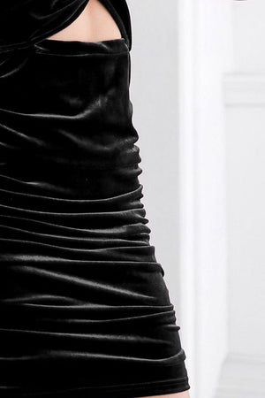 Black velvet ruched mini dress with cut-out detail