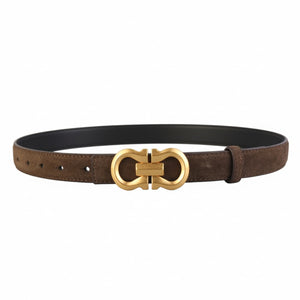 Brown cowhide leather belt with gold double G buckle accent