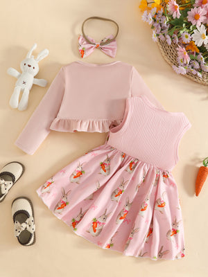 Pink baby dress with bunny print and ruffled cardigan, includes matching bow headband.