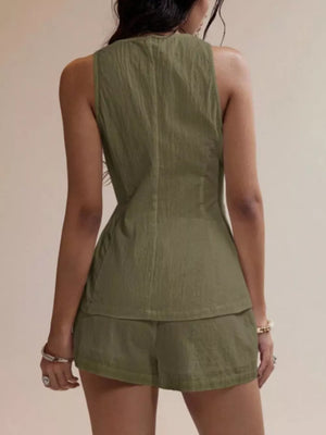 Army green cotton two-piece set with sleeveless top and shorts, back view