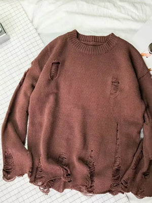 Men's Distressed Round Neck Sweater in Black, front view