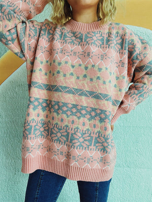 Fair Isle knit oversized sweater in watermelon pink with crew neck and long sleeves.
