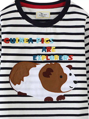 Black and white striped long-sleeve cotton tee with a guinea pig graphic and embroidered text.