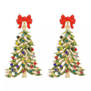 Festive rhinestone tree dangle earrings with red bows and colorful ornaments.