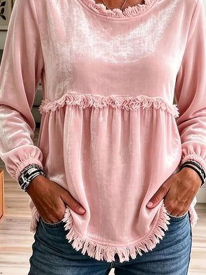 Velvet Fringe Long Sleeve Blouse in Black, close-up detail