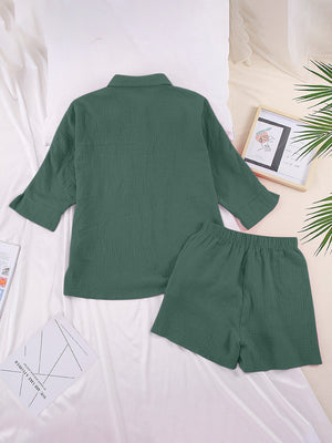 Dark Green Gauze Cotton Resort Shirt & Short Set with buttoned shirt and elastic waist shorts.