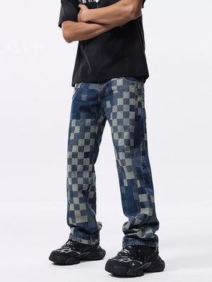 Checkerboard pattern relaxed fit jeans in blue denim with a contemporary checkerboard design.