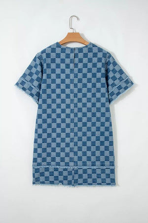 Checkered denim mini dress with frayed hems and short sleeves.