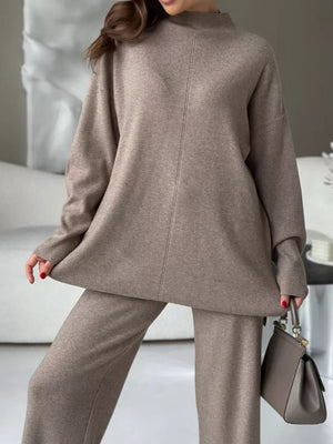 Relaxed fit knit co-ord set in mocha acrylic with mock neck and wide leg pants.