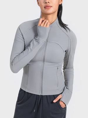 Heather gray ribbed performance zip-up track jacket with thumbholes and pockets.