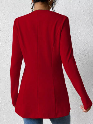 Red single-button blazer with tailored fit and long sleeves, shown from the back.