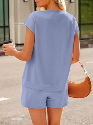 Button Detail Short Sleeve Top And Shorts Set in Lavender Purple, view 16