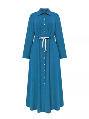 French Blue button-down maxi dress with drawstring waist and long sleeves.