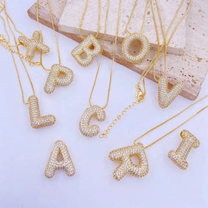 Gold bubble letter pendant necklaces with zircon accents, Style X, Y, V, Z, W