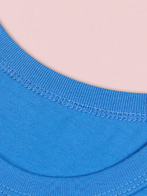 Blue crew neck t-shirt detail with visible stitching