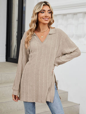 Ribbed knit collared tunic top in Dust Storm with slit hem and long sleeves.