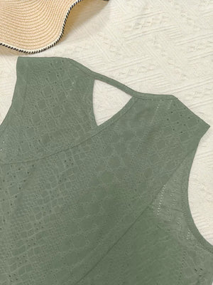 Army green openwork knit tank top with cutout detail and crew neck.