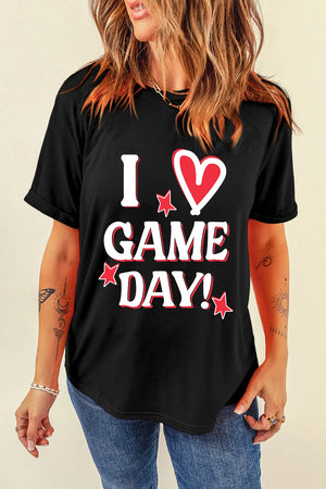 Black graphic tee with I Love Game Day text and red heart and stars.