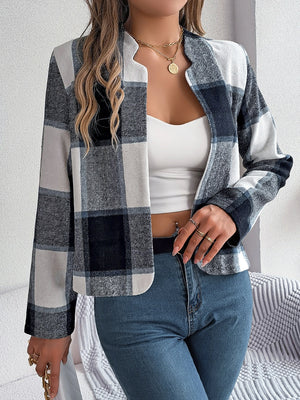Collarless plaid cropped jacket in dark blue and white, with a relaxed fit and open front.