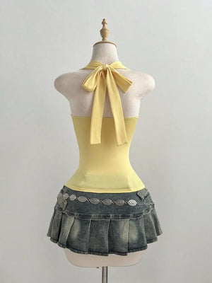Lace Detail Halter Neck Cami in Yellow, back view