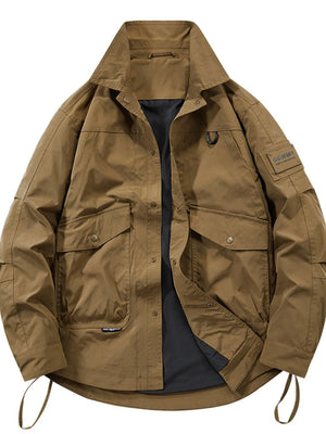 Oversized Khaki cargo jacket with multiple pockets, a stand-up collar, and drawstring hem.