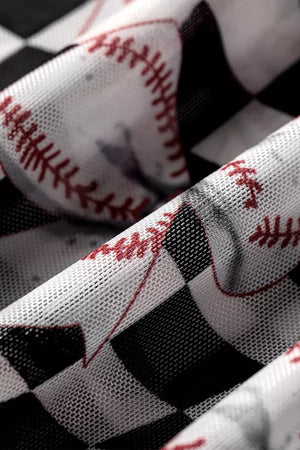 Checkered Baseball Bow Print Mesh Top in Black, fabric detail