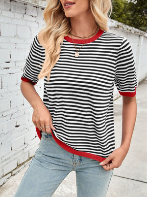 Striped knit tee with red trim and crew neck.