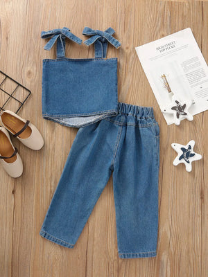 Children's Tie Shoulder Tank And Distressed Jeans Set in Blue, fit detail