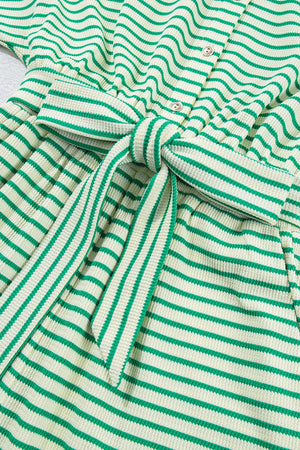 Green striped resort shirt romper with tie waist and button detail