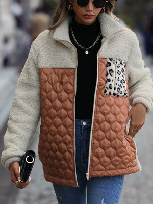 Teddy & quilted panel zip jacket in tan and cream with leopard print pocket detail