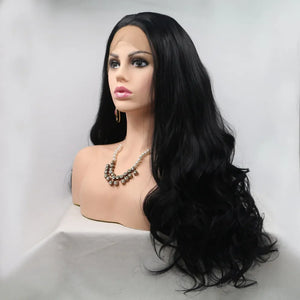 Black lace front wig with long, wavy hair styled on a mannequin.
