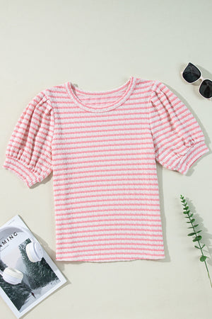Textured stripe puff sleeve top in blush pink with a crew neck and textured fabric.
