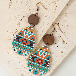Geometric print wooden dangle earrings in multicolor with boho pattern