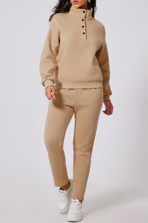 Button-neck lounge set in Dust Storm beige with crewneck sweatshirt and jogger pants.